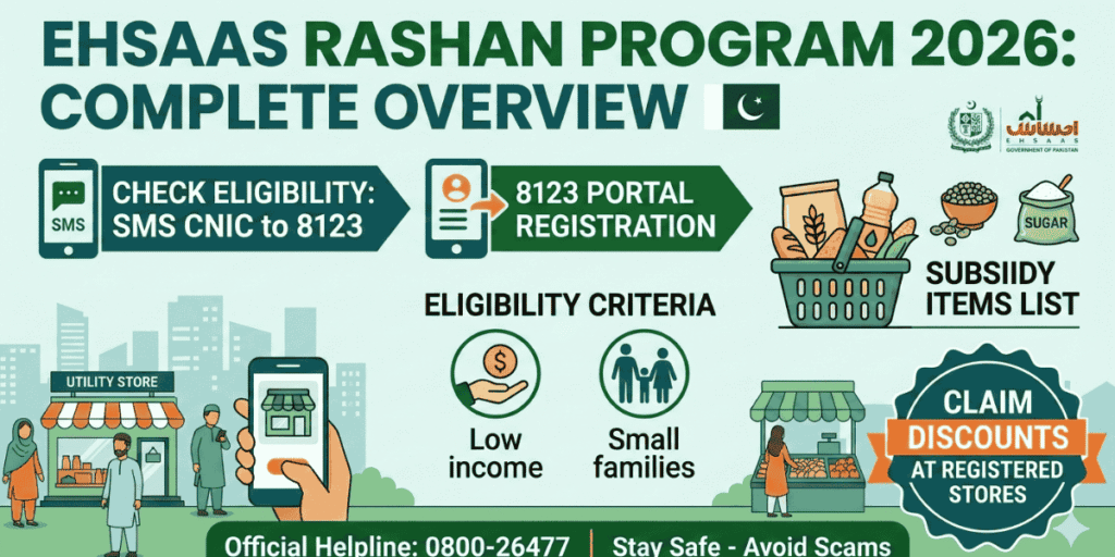 Ehsaas Rashan Program 2026 showing 8123 SMS registration, eligibility criteria, and subsidized grocery items.
