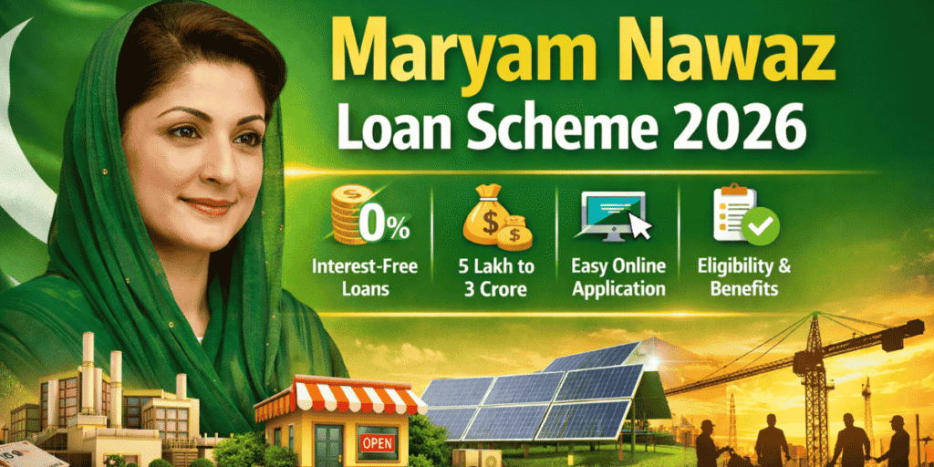 Maryam Nawaz Loan Scheme 2026 banner showing interest-free loans, 5 lakh to 3 crore range, online apply option and Punjab business support