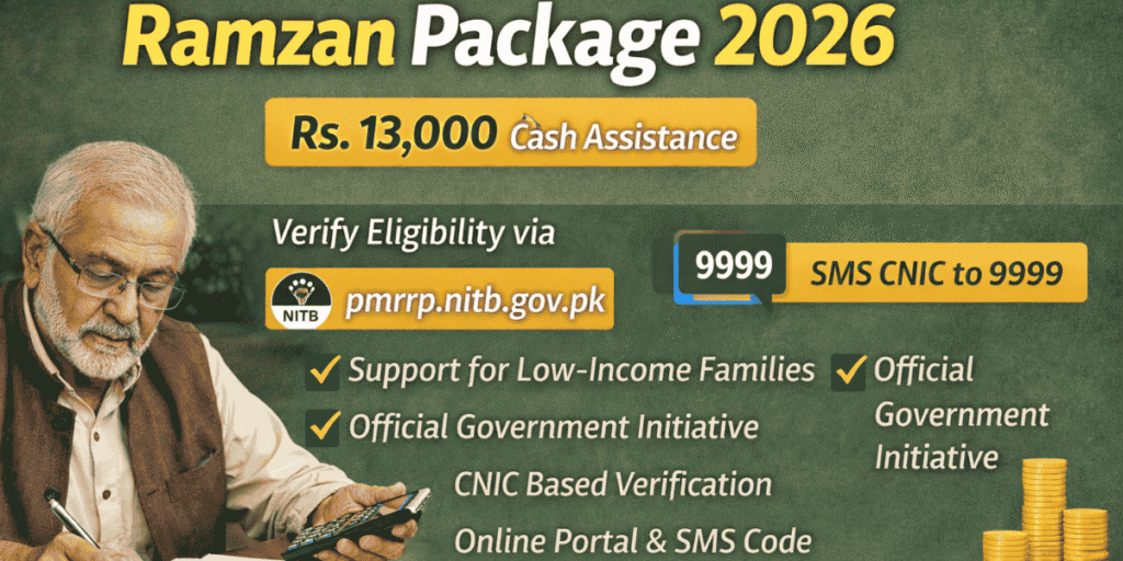 Ramzan Package 2026 banner showing Rs. 13,000 cash assistance details with CNIC verification via 9999 SMS and online portal for low-income families in Pakistan.